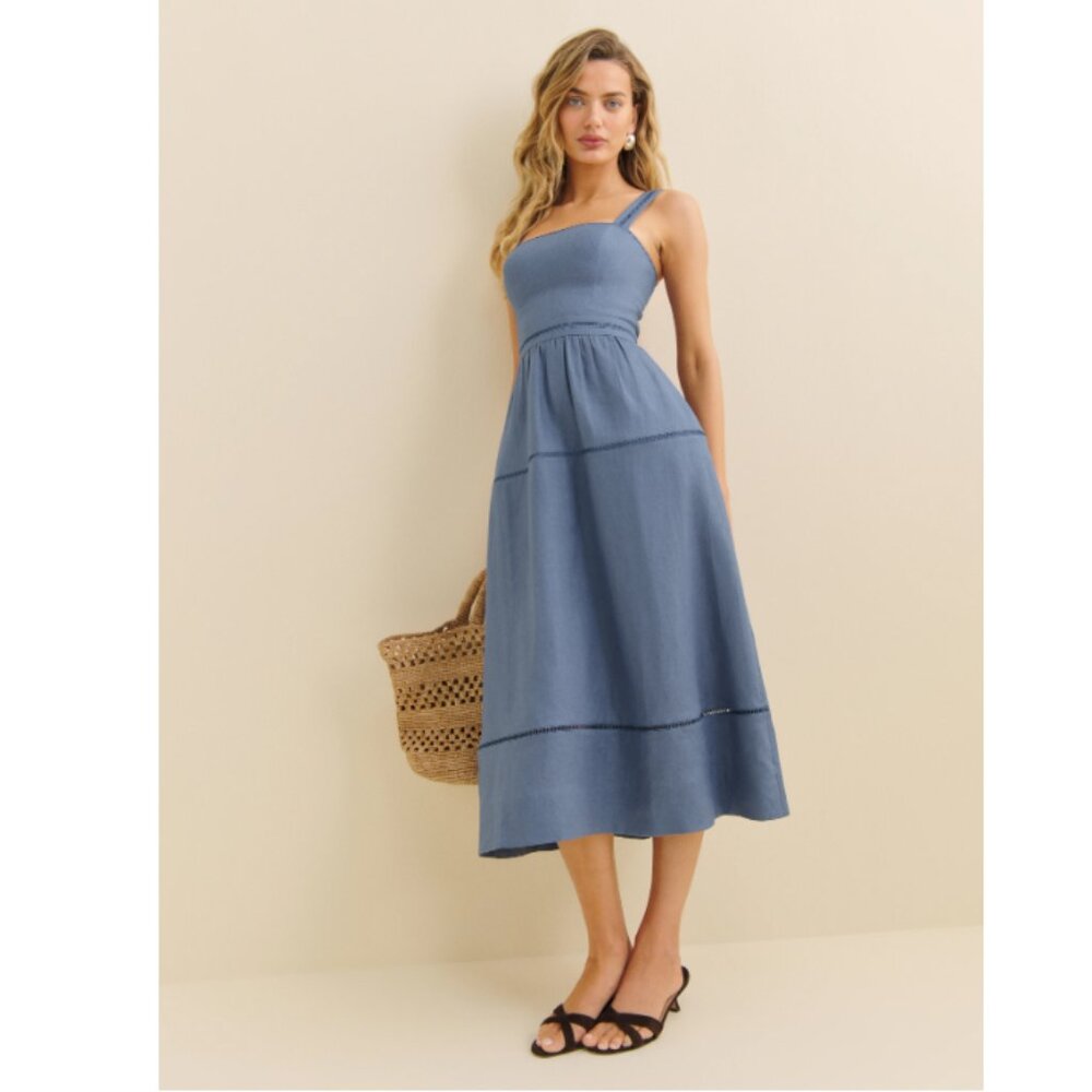 Reformation Everett Linen Dress in Cornflower/Blue